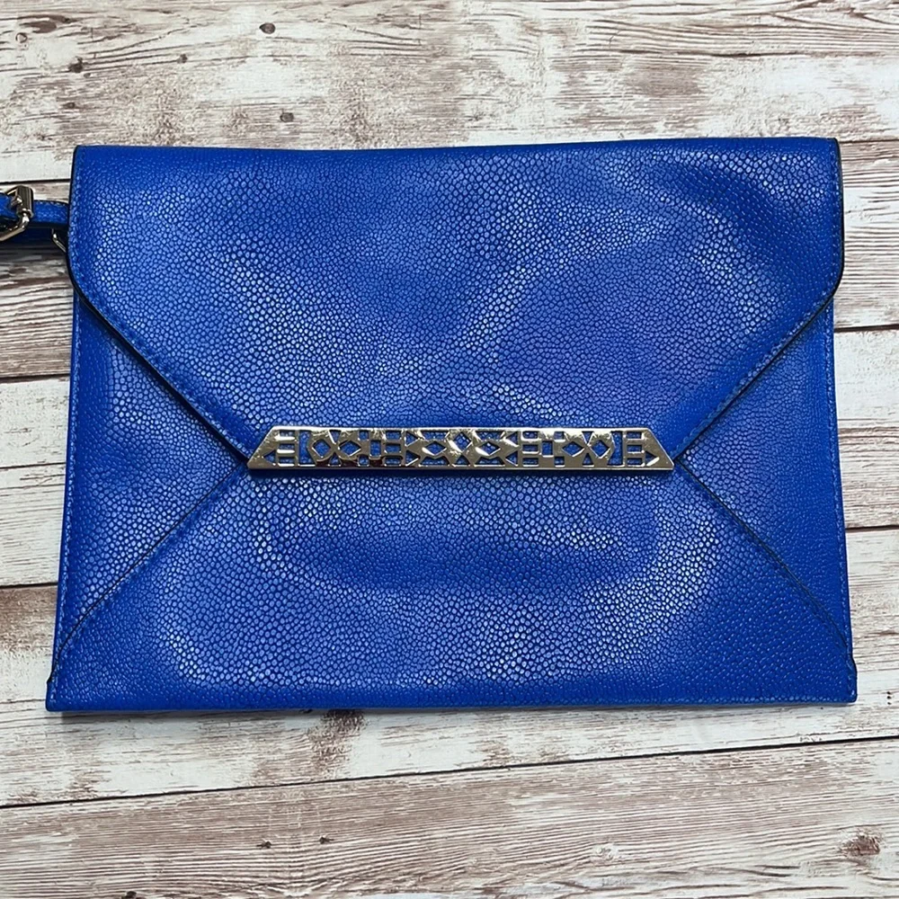 Stella & Dot Blue Leather Clutch with Gold Accents